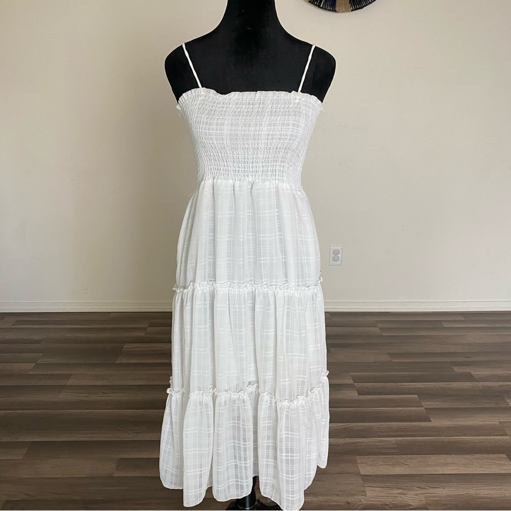 White Smocked Tiered Midi Sundress